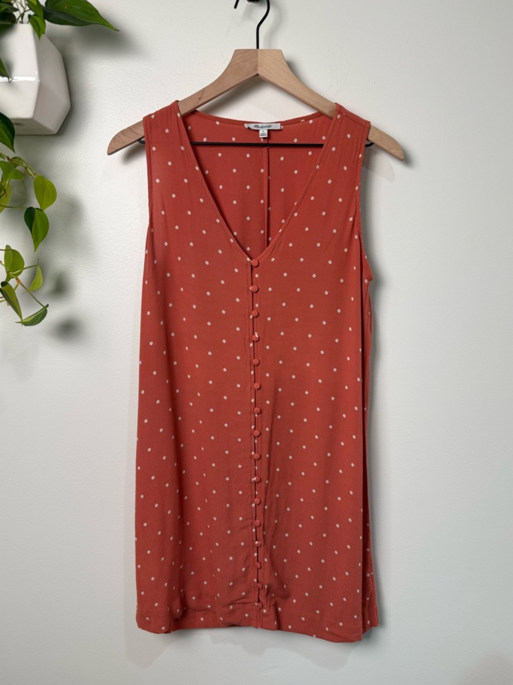 Madewell Polka Dot Sleeveless Dress Small Coral Orange Button Front V Neck Mini